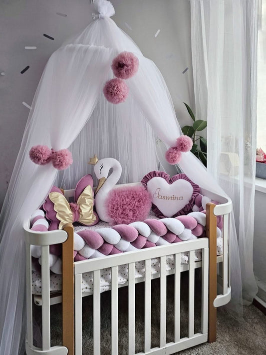 Luxury baby bedding with braided crib bumper dry rose. KARI studio