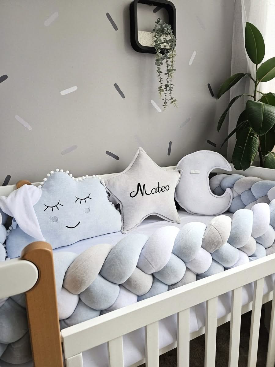 Baby boy bedding crib set with braided crib bumpers. KARI studio