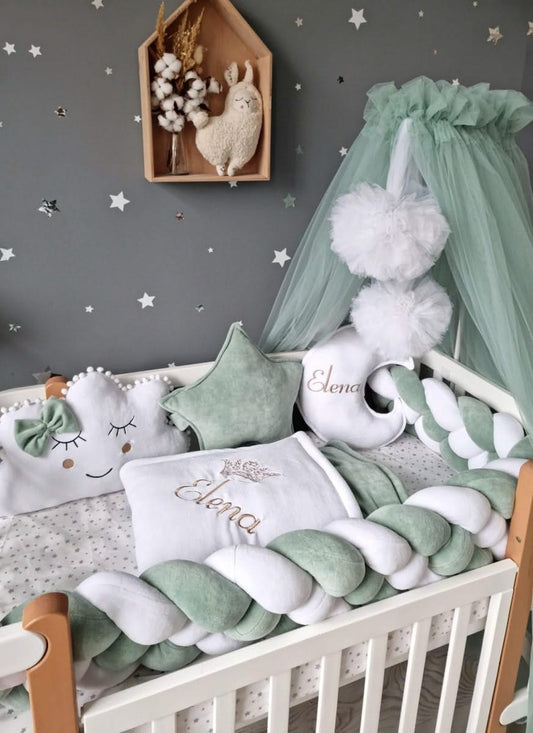 Personalized crib bumper set pistachio sage green - KariStudio