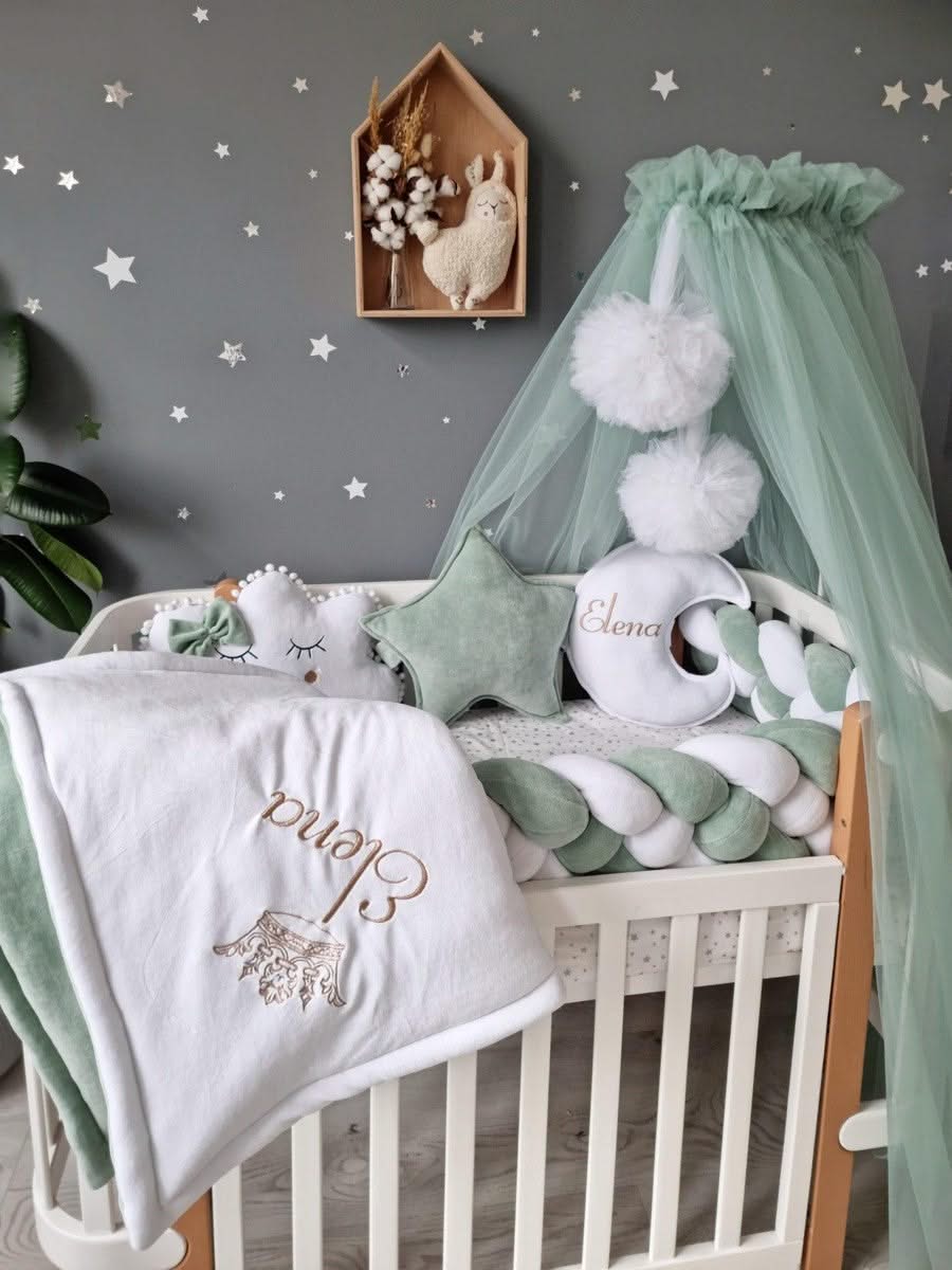 Personalized crib bumper set pistachio sage green - KariStudio
