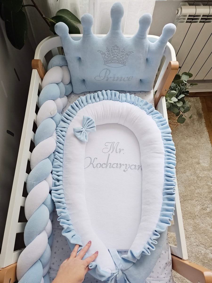 Baby boy bedding crib set with braided crib bumpers. KARI studio