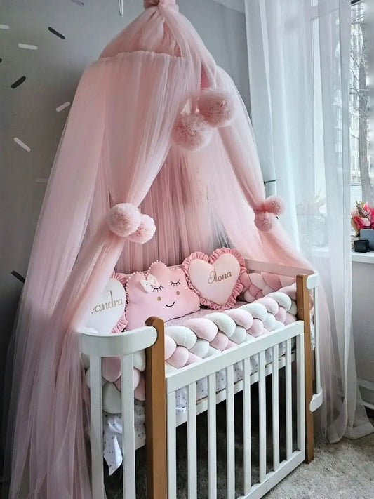 Baby girl bedding crib set. Braided crib bumper, crib canopy.