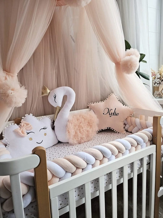 Luxury baby bedding set for girl with braided crib bumper. KARI studio