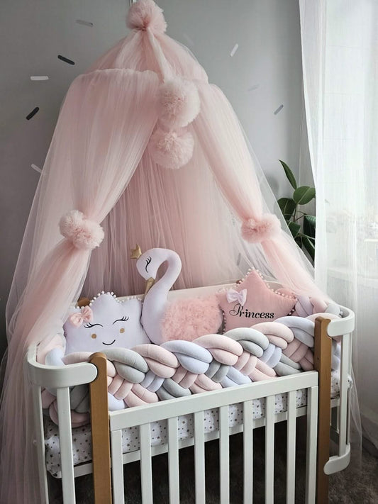 Premium Baby crib bedding set light pink with braided crib bumper. KARI studio