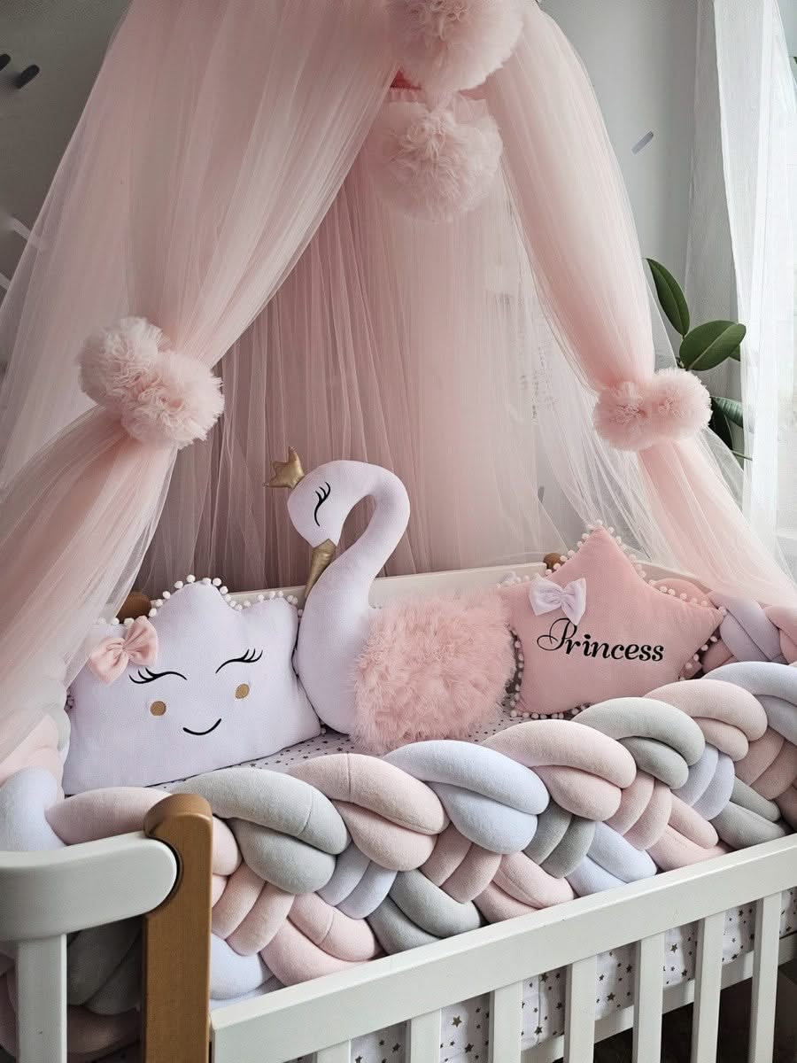 Premium Baby crib bedding set light pink with braided crib bumper. KARI studio