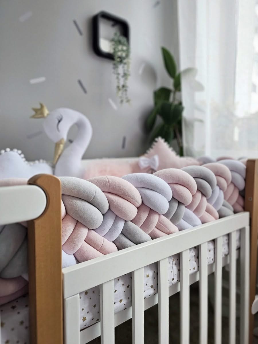 Premium Baby crib bedding set light pink with braided crib bumper. KARI studio
