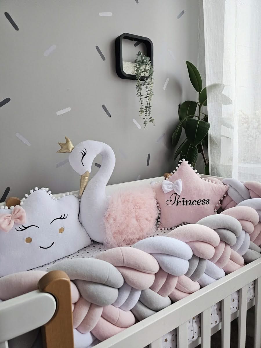 Premium Baby crib bedding set light pink with braided crib bumper. KARI studio