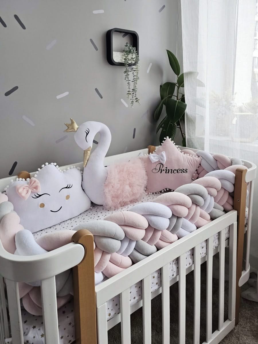Premium Baby crib bedding set light pink with braided crib bumper. KARI studio