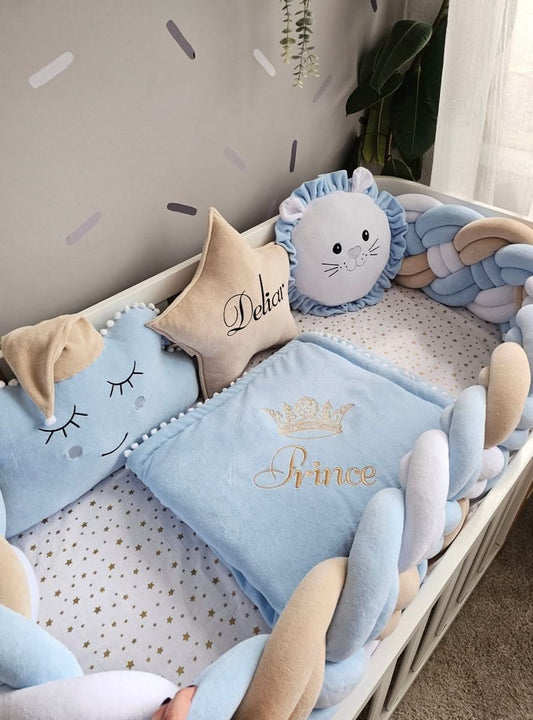 Luxury baby bedding set beige blue. KARI studio
