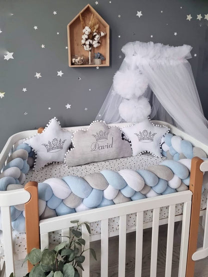 Baby boy bedding set with crib padding: blue, light gray, white