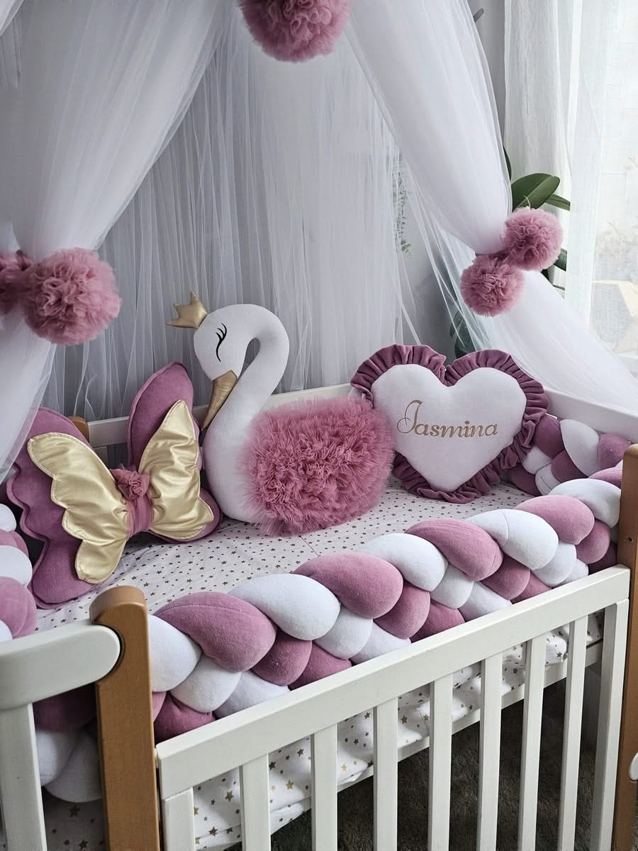 Luxury baby bedding with braided crib bumper dry rose. KARI studio