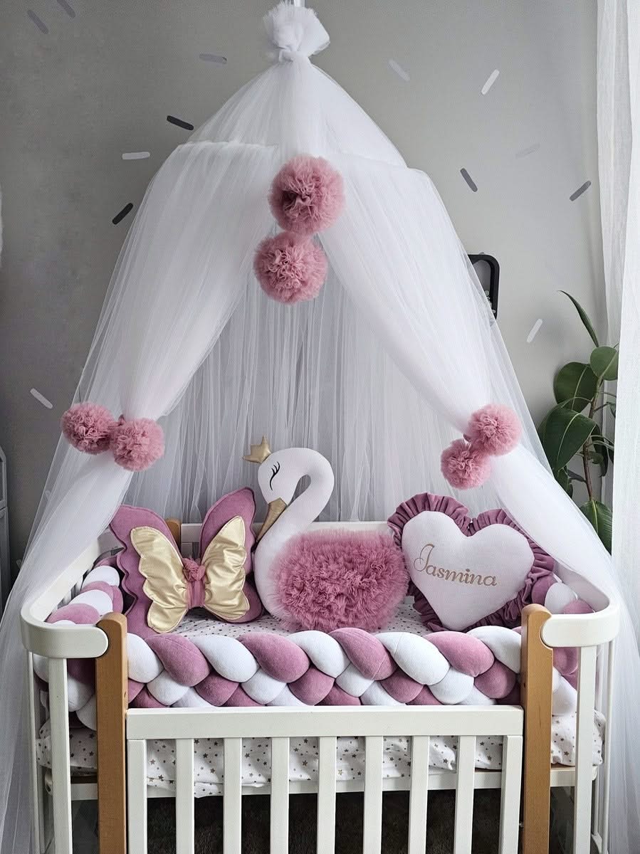 Luxury baby bedding with braided crib bumper dry rose. KARI studio