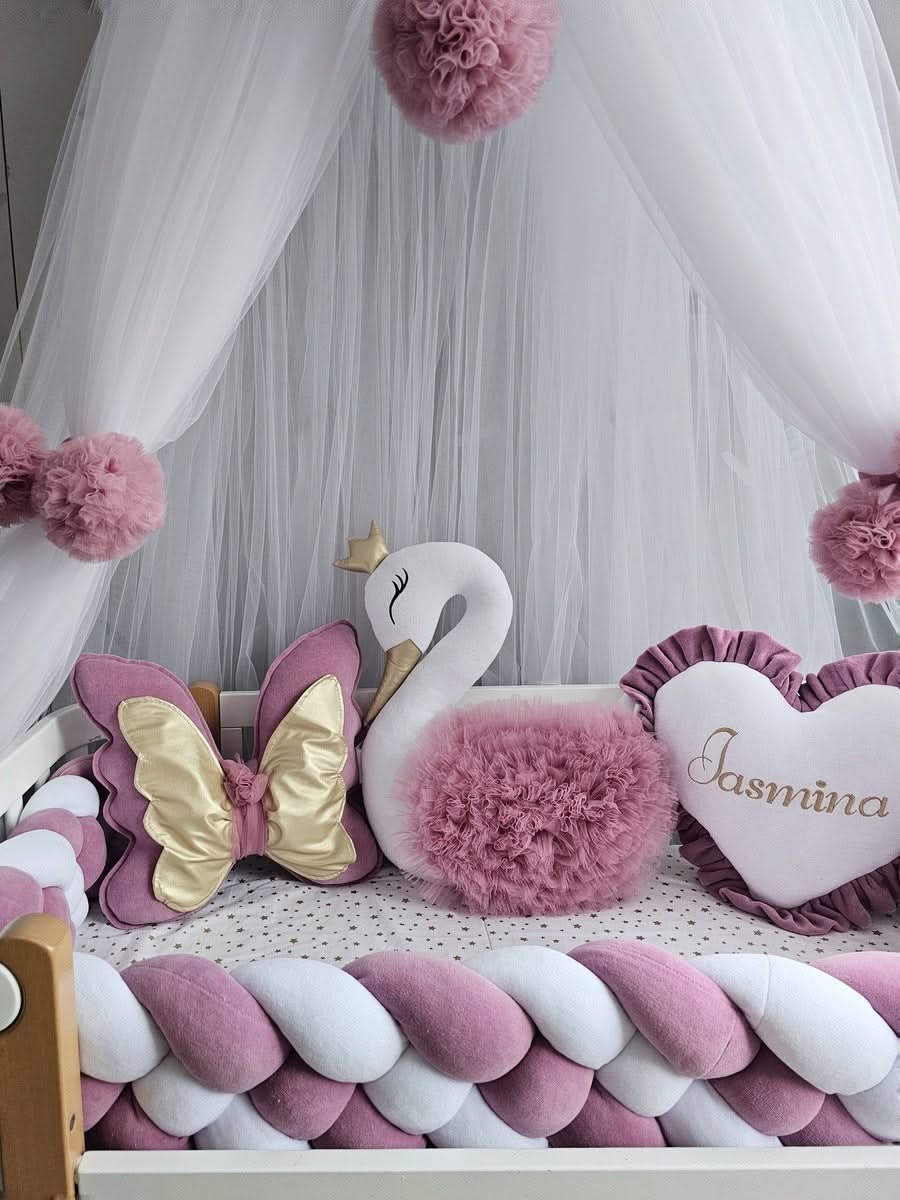 Luxury baby bedding with braided crib bumper dry rose. KARI studio