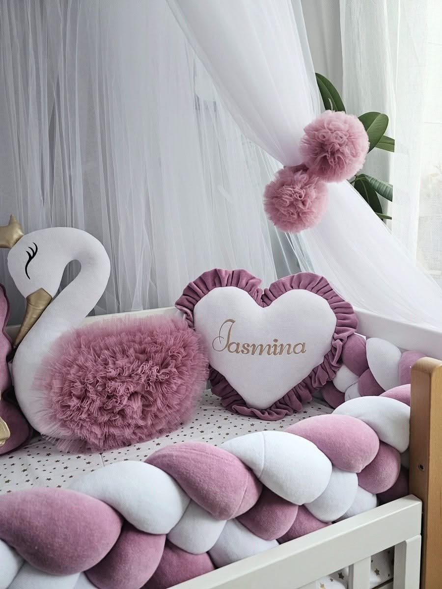 Luxury baby bedding with braided crib bumper dry rose. KARI studio