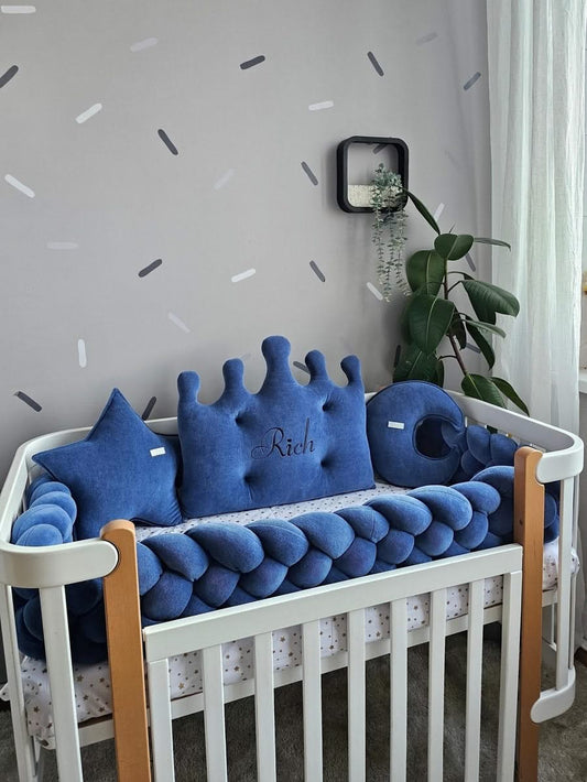 Baby boy crib bedding set royal blue with crib bumpers. KARI studio