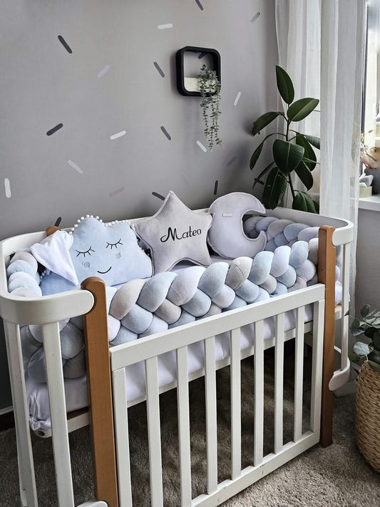 Baby boy bedding crib set with braided crib bumpers. KARI studio