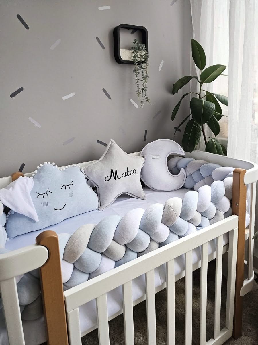 Baby boy bedding crib set with braided crib bumpers. KARI studio