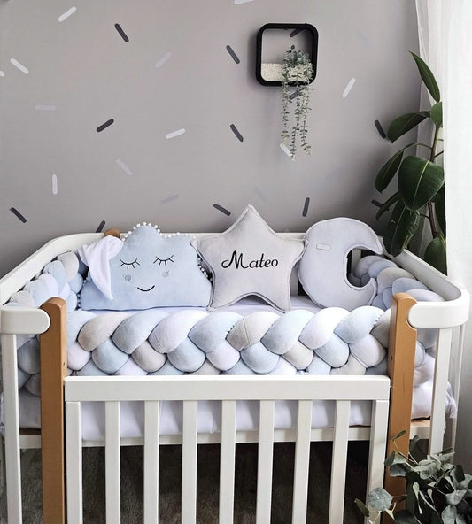 Baby boy bedding crib set with braided crib bumpers. KARI studio