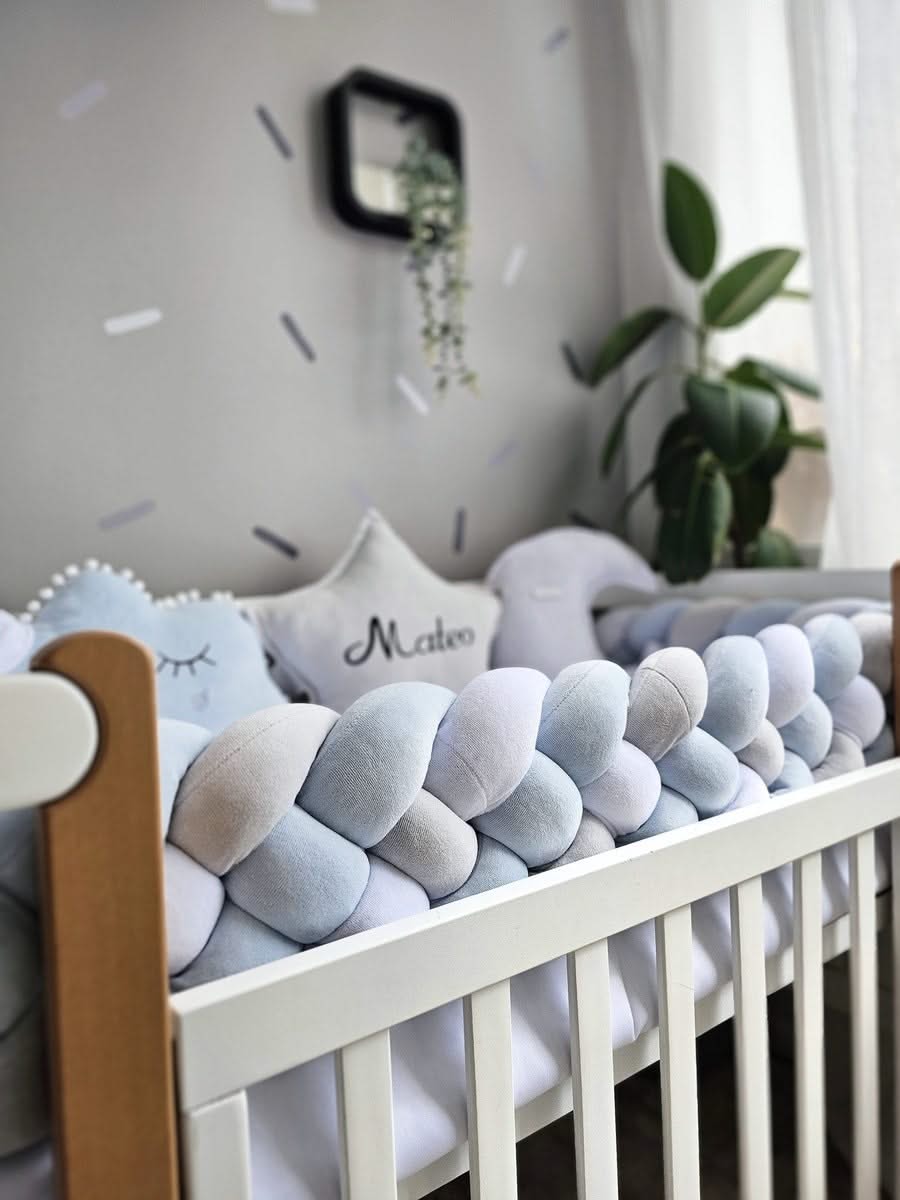 Baby boy bedding crib set with braided crib bumpers. KARI studio