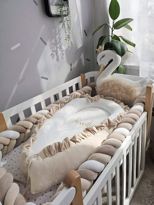 Safe baby bedding crib set with braided crib bumper. KARI studio