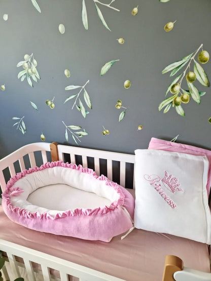 Unique pink baby crib bedding set for girl. KARI studio
