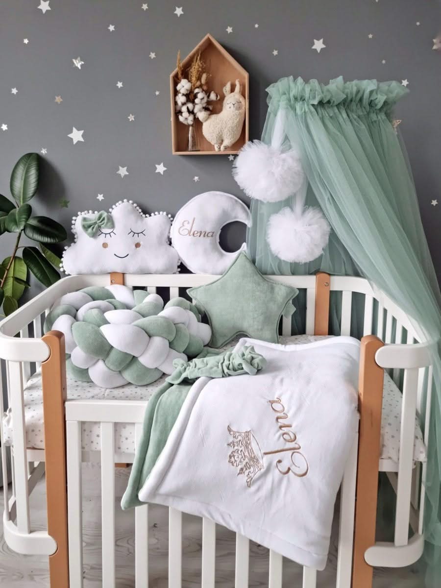 Personalized crib bumper set pistachio sage green - KariStudio