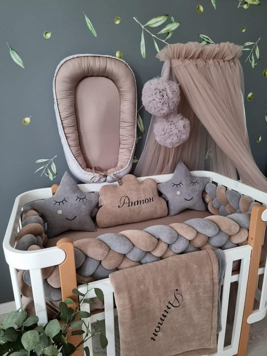 Personalized cot bumper set gray cappuccino for boys - KariStudio