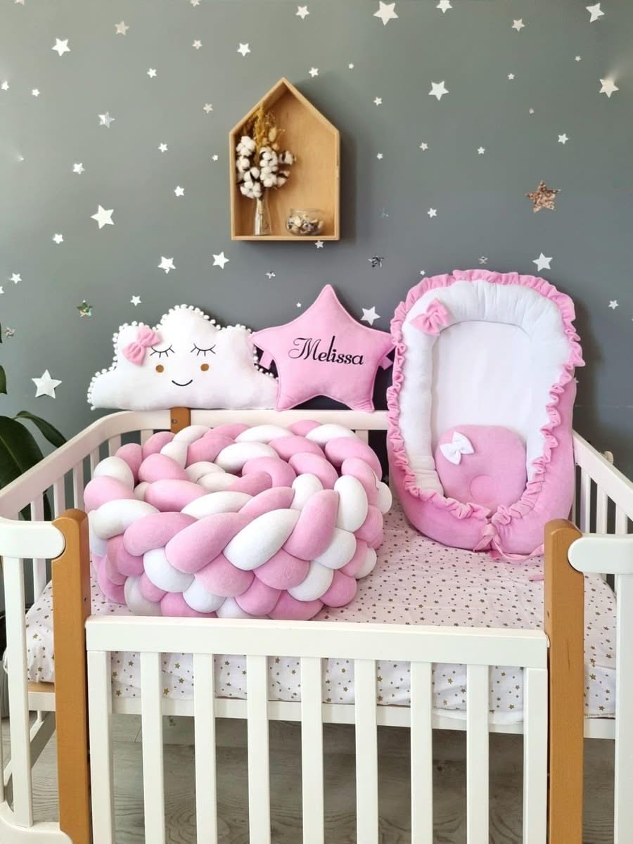 Personalized cot bumper set for girl pink - KariStudio