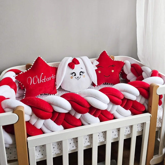 Red baby crib bedding set with braided bumper. KARI studio