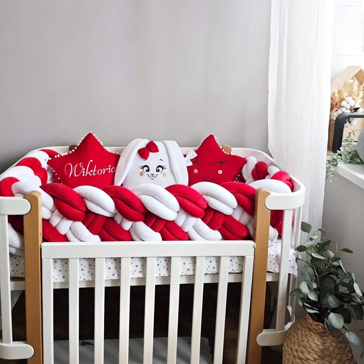 Red baby crib bedding set with braided bumper. KARI studio