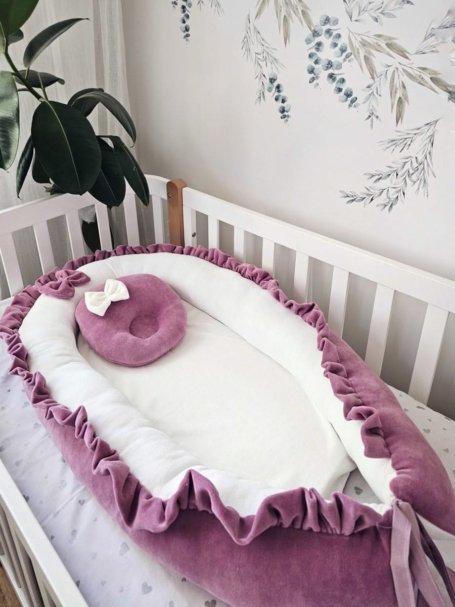 Luxury baby bedding with braided crib bumper dry rose. KARI studio