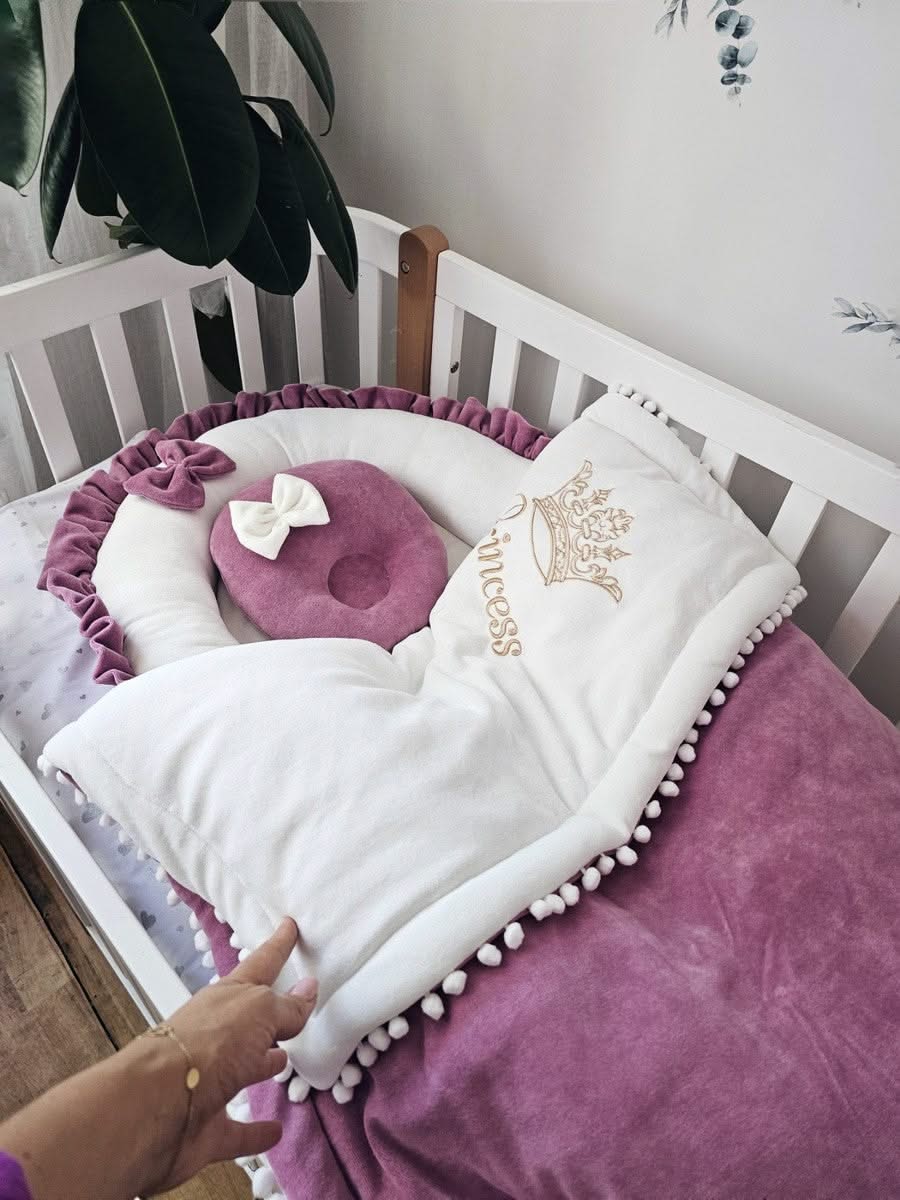 Luxury baby bedding with braided crib bumper dry rose. KARI studio