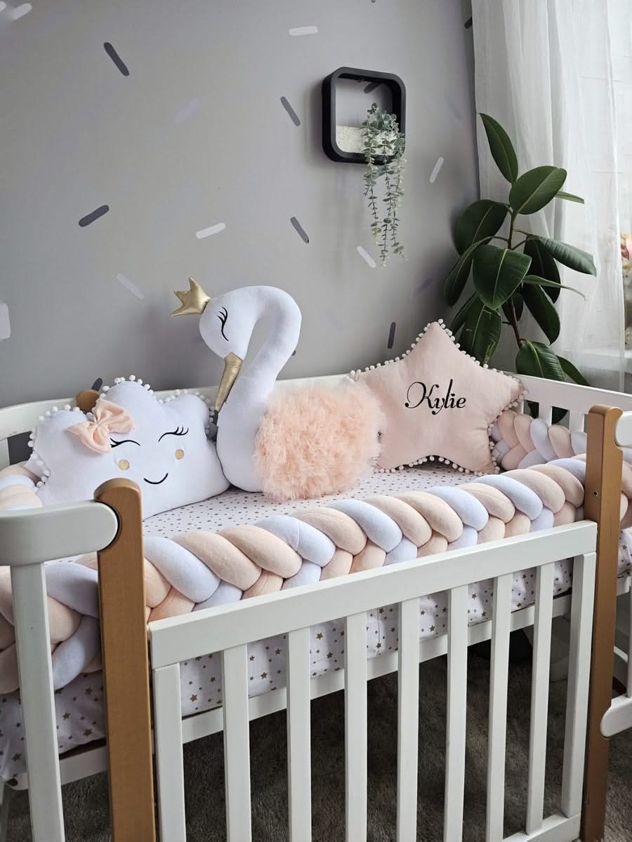 Luxury baby bedding set for girl with braided crib bumper. KARI studio