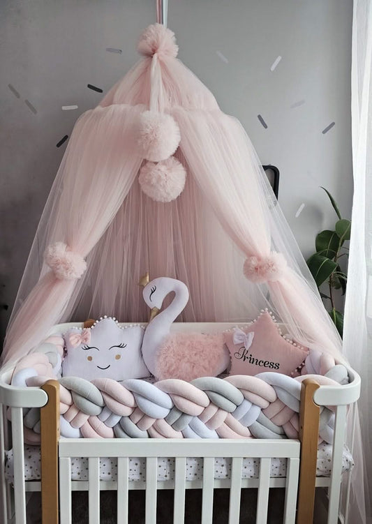 Premium Baby crib bedding set light pink with braided crib bumper. KARI studio