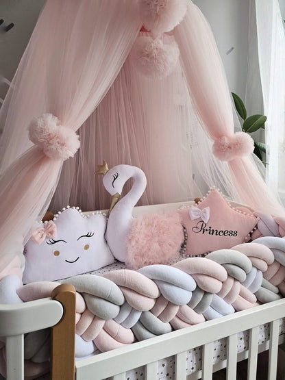 Premium Baby crib bedding set light pink with braided crib bumper. KARI studio