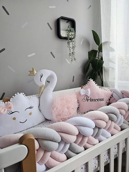 Premium Baby crib bedding set light pink with braided crib bumper. KARI studio