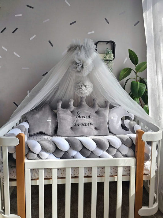 Baby boy crib bedding set gray with crib bumpers. Kari studio